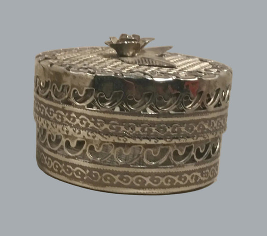Vintage Silver Filigree Pomander Potpourri Box Rose Lid Incense 2.5"