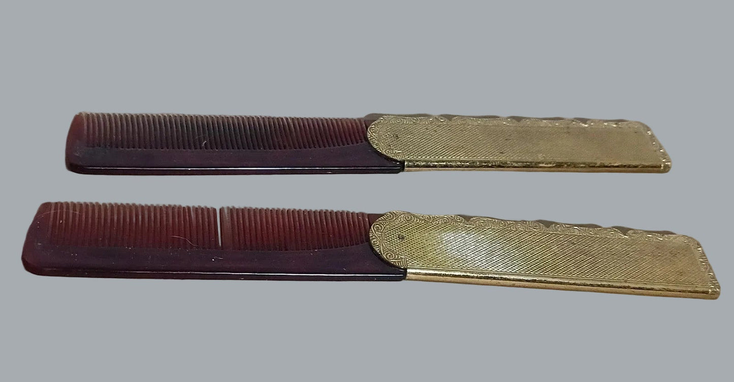 2pc Stratton England Folding Pocket Comb Set Gold-Tone Case 1 Tooth Missing