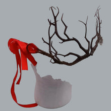 Load image into Gallery viewer, Woodland Antler Crown with Red Gemstone Red Ribbon Ties OSFM
