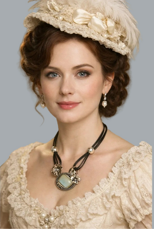 Silvertone Cat Eye Cabochon Floral Choker Necklace Black Cord 12” + Ext