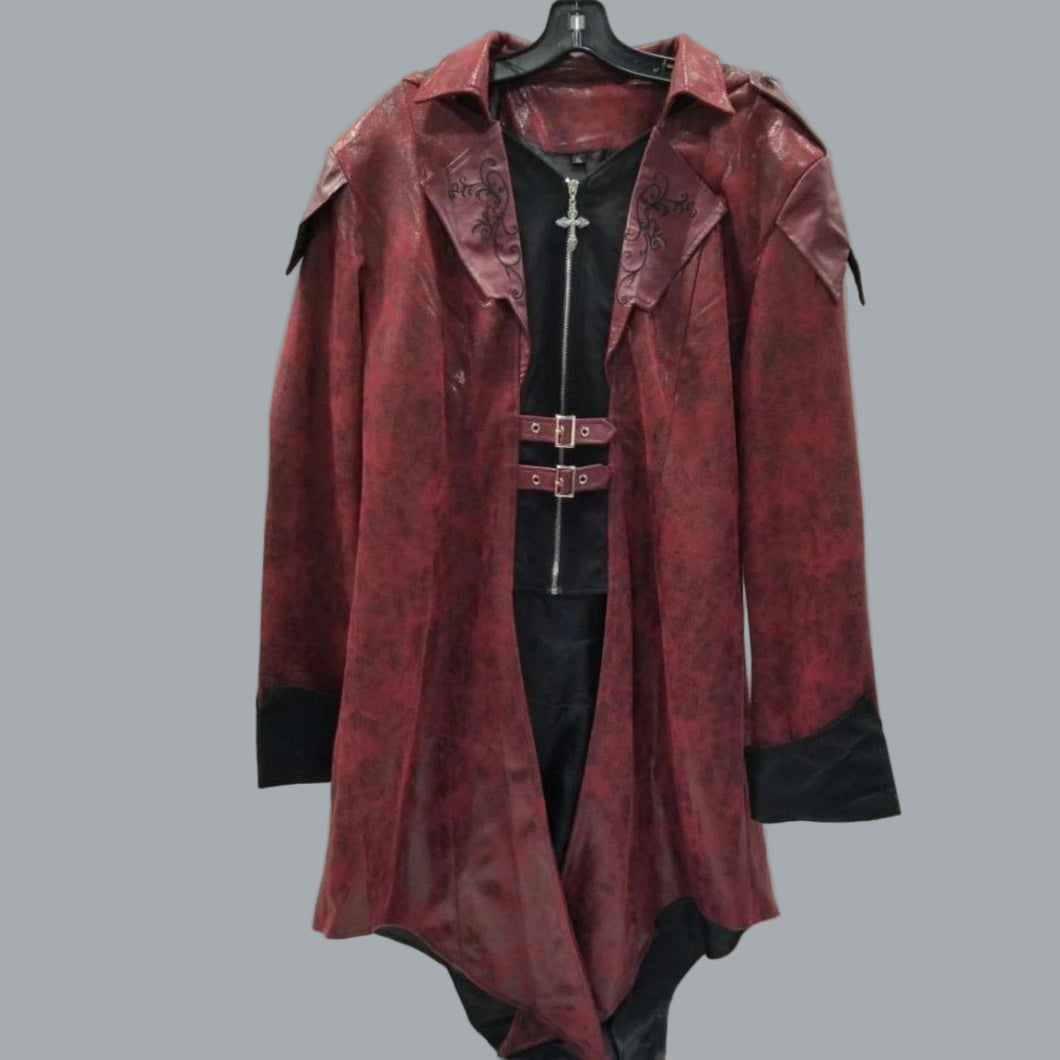 Crubelon Red Medieval Faux Leather Hooded Jacket Coat Men’s XL Goth
