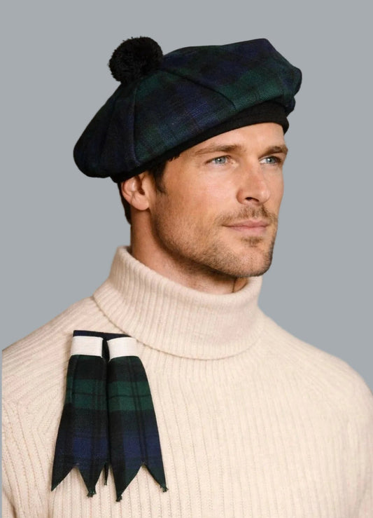 Black Watch Tartan Tam O’Shanter Hat + Kilt Hose Flashes Garter Set