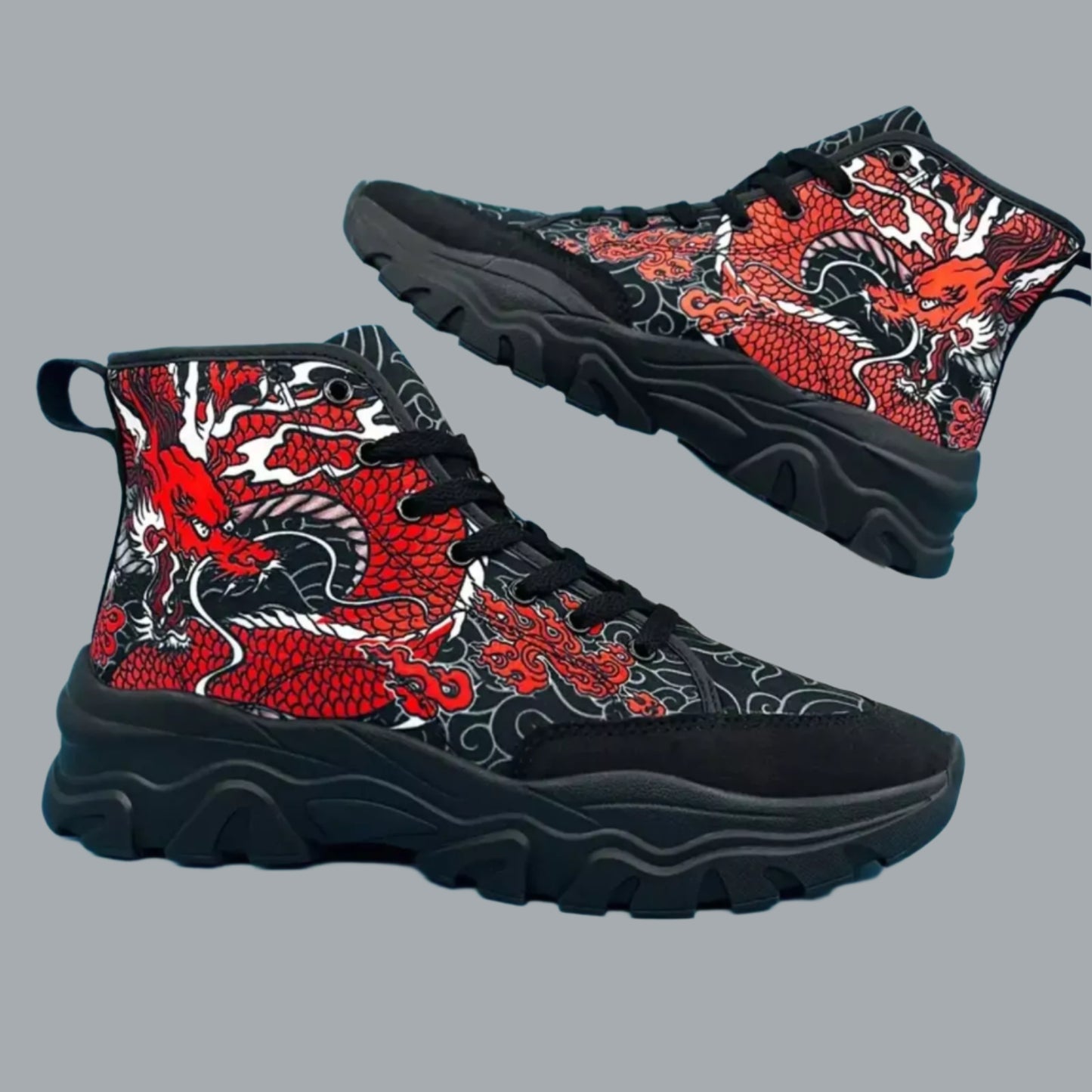 Dragon Pattern High Top Sneakers for Men - Non-Slip, Soft Sole Shoes 6.5 / Black