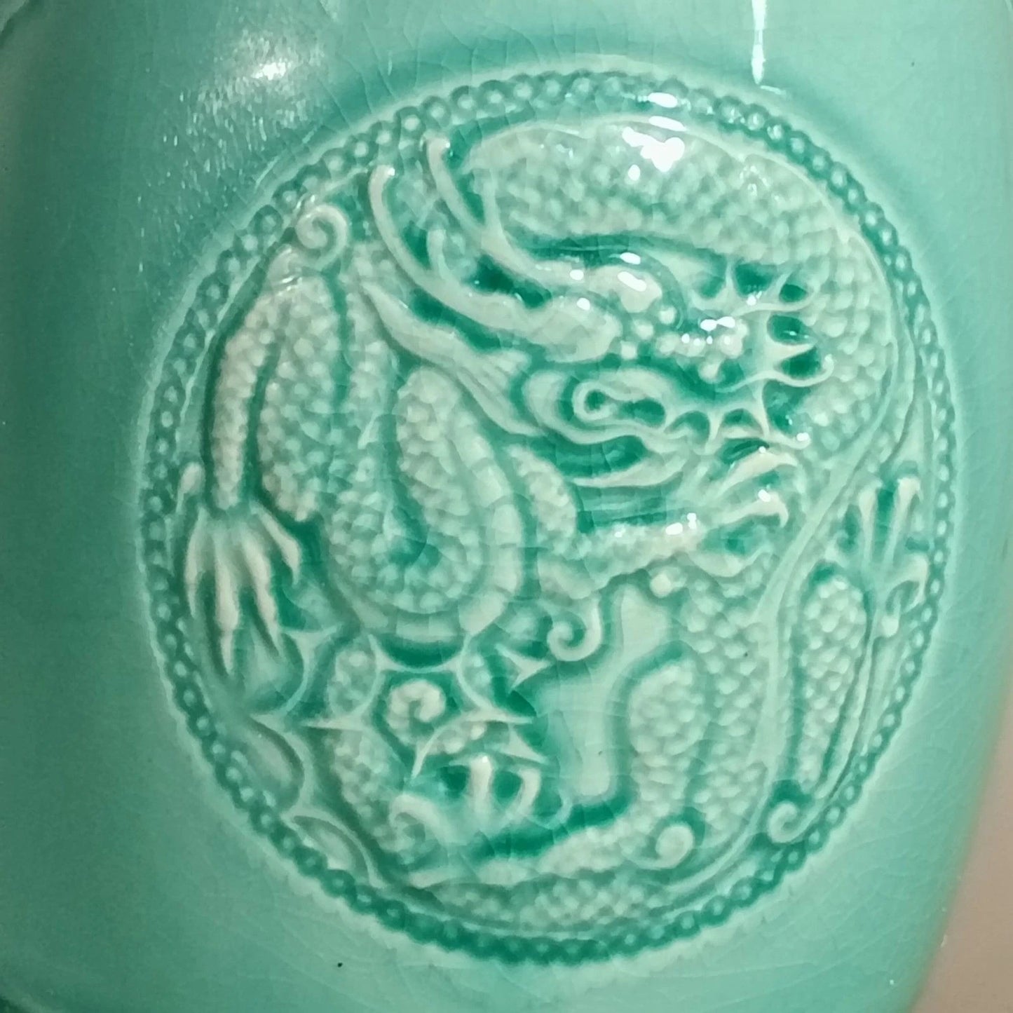 Vintage Celadon Dragon Phoenix Vase Crackle Glaze 5" Turquoise