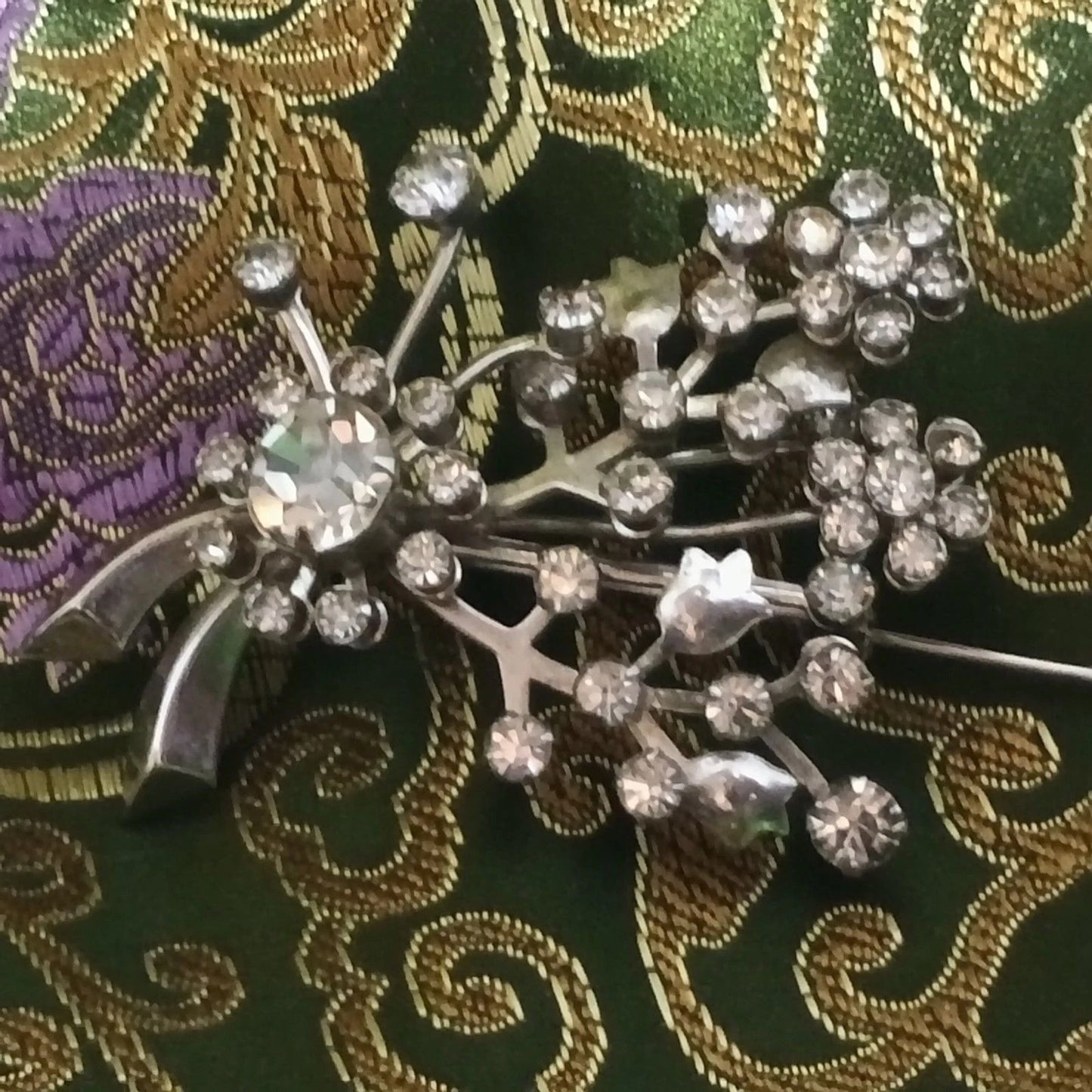 Vintage Rhinestone Floral Spray Brooch Silver Tone 2.25 x 1.75 in