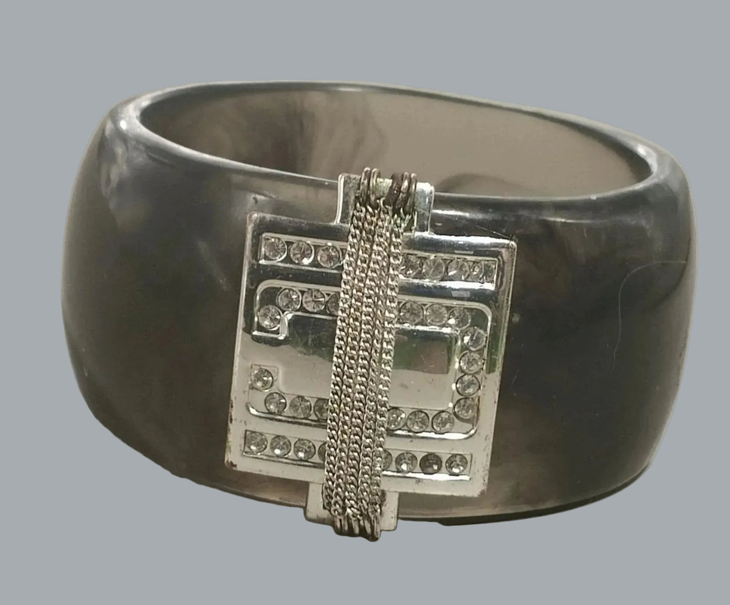 Chunky Gray Marble Lucite Bangle Bracelet Rhinestone Silver Tone Centerpiece