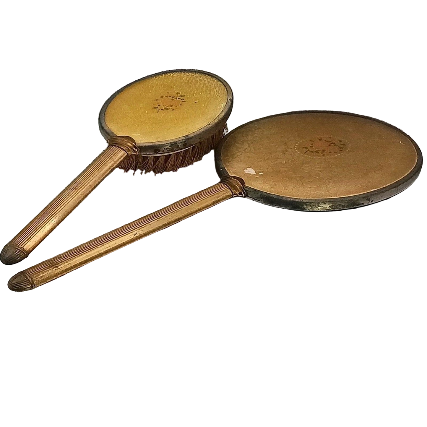 Vintage Gold-Tone Vanity Hand Mirror & Hair Brush Set Floral Design