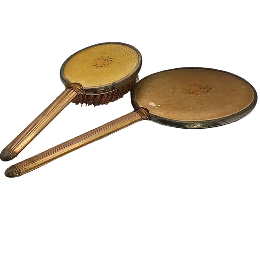 Vintage Gold-Tone Vanity Hand Mirror & Hair Brush Set Floral Design
