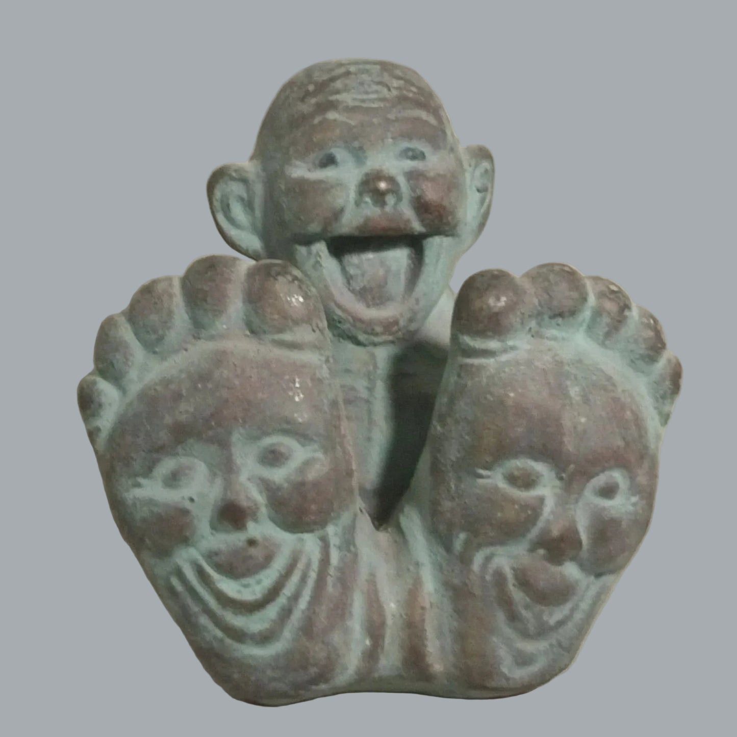 Vintage Whimsical Three-Face Feet Figurines Folk Art Patina Pair