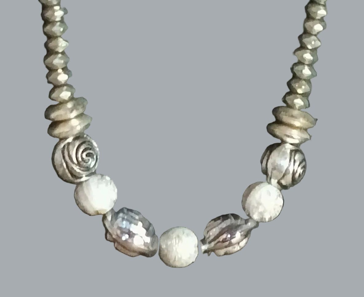 Boho Metallic Bead Necklace 23" Silver Tone Accent Beads & White Beads