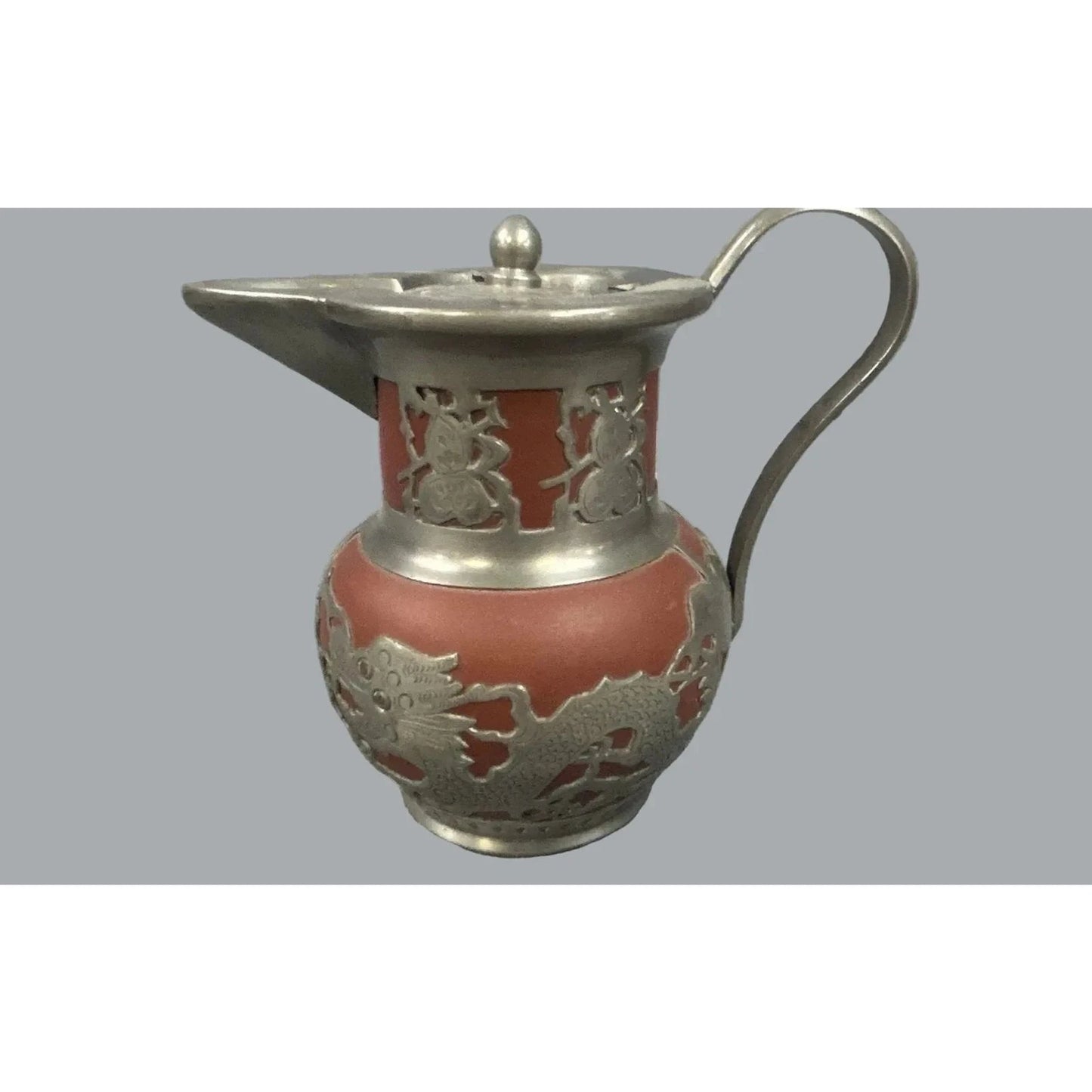 Vintage Shanghai China Pewter Overlay Dragon Red Clay Teapot 6"