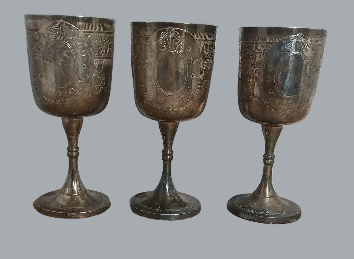 Vintage Silver Plated Engraved Goblets Set of 3 6.5" Tarnished