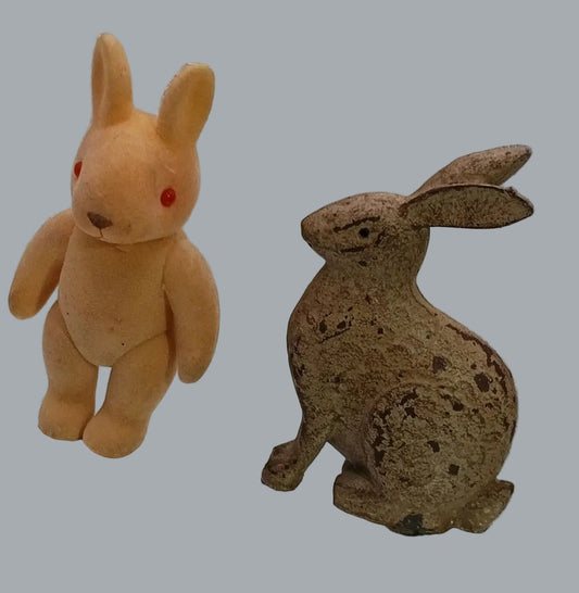 Lot of 2 Vintage Bunny Figurines – Flocked Squeeze Toy & Chalkware Rabbit