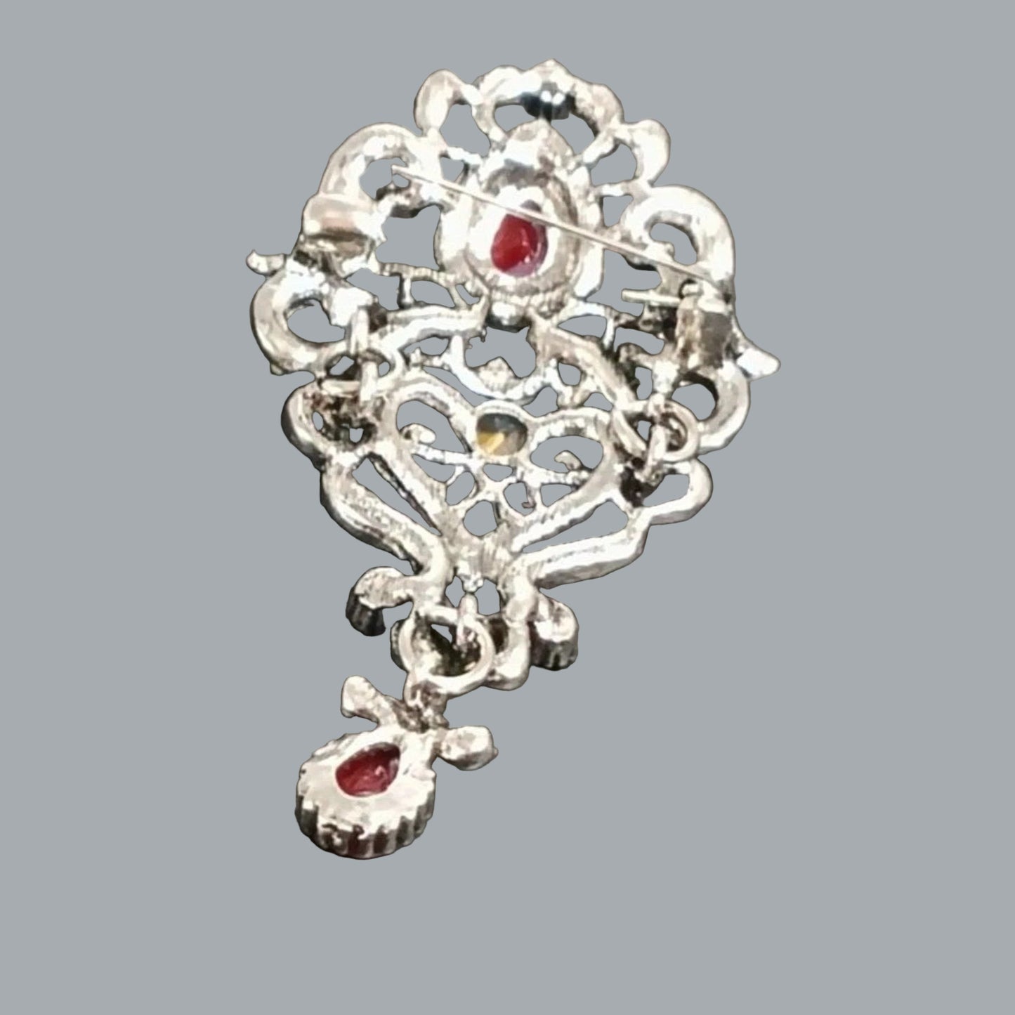 Vintage Filigree Brooch – Silver-Plated with Red, Green & Clear Rhinestones