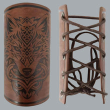 Load image into Gallery viewer, Gothic Wolf Faux Leather Brown Arm Bracers (Pair) For Renaissance Faire
