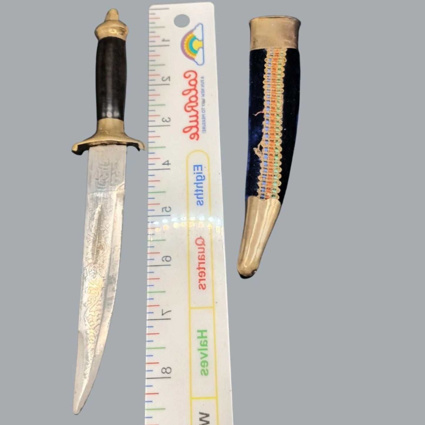 9" Dagger With Blade 5.5" Ingraved Design India with Blue Fabric Wraped Scabbard