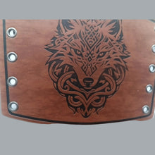 Load image into Gallery viewer, Gothic Wolf Faux Leather Brown Arm Bracers (Pair) For Renaissance Faire
