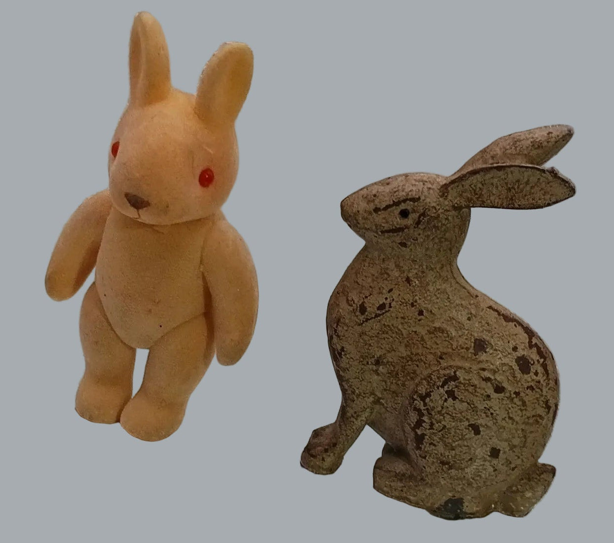 Lot of 2 Vintage Bunny Figurines – Flocked Squeeze Toy & Chalkware Rabbit