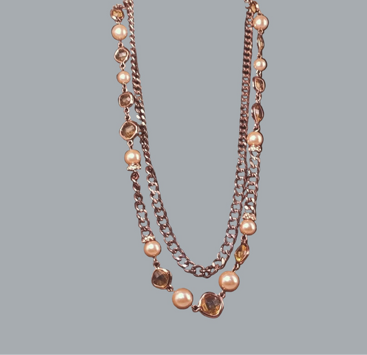 Vintage TRUDI Copper Tone Pearl Crystal Necklace Mid Century Signed
