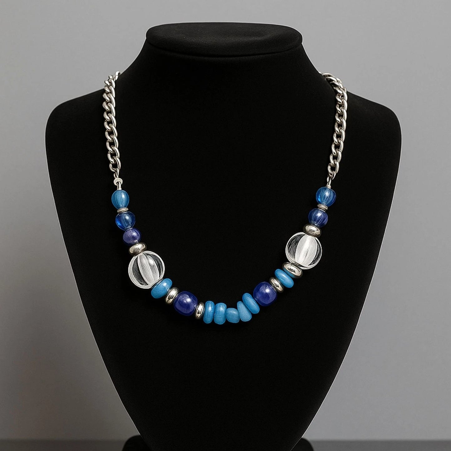 Ruby Rd Blue Beaded Statement Necklace 18” Adjustable Silver Chain