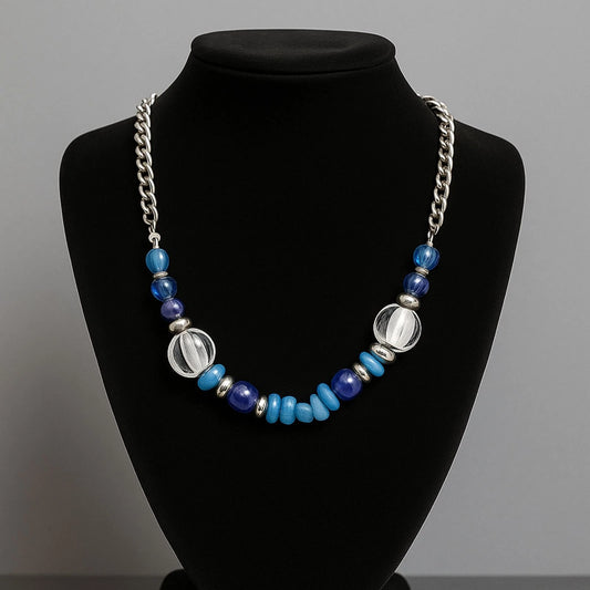 Ruby Rd Blue Beaded Statement Necklace 18” Adjustable Silver Chain