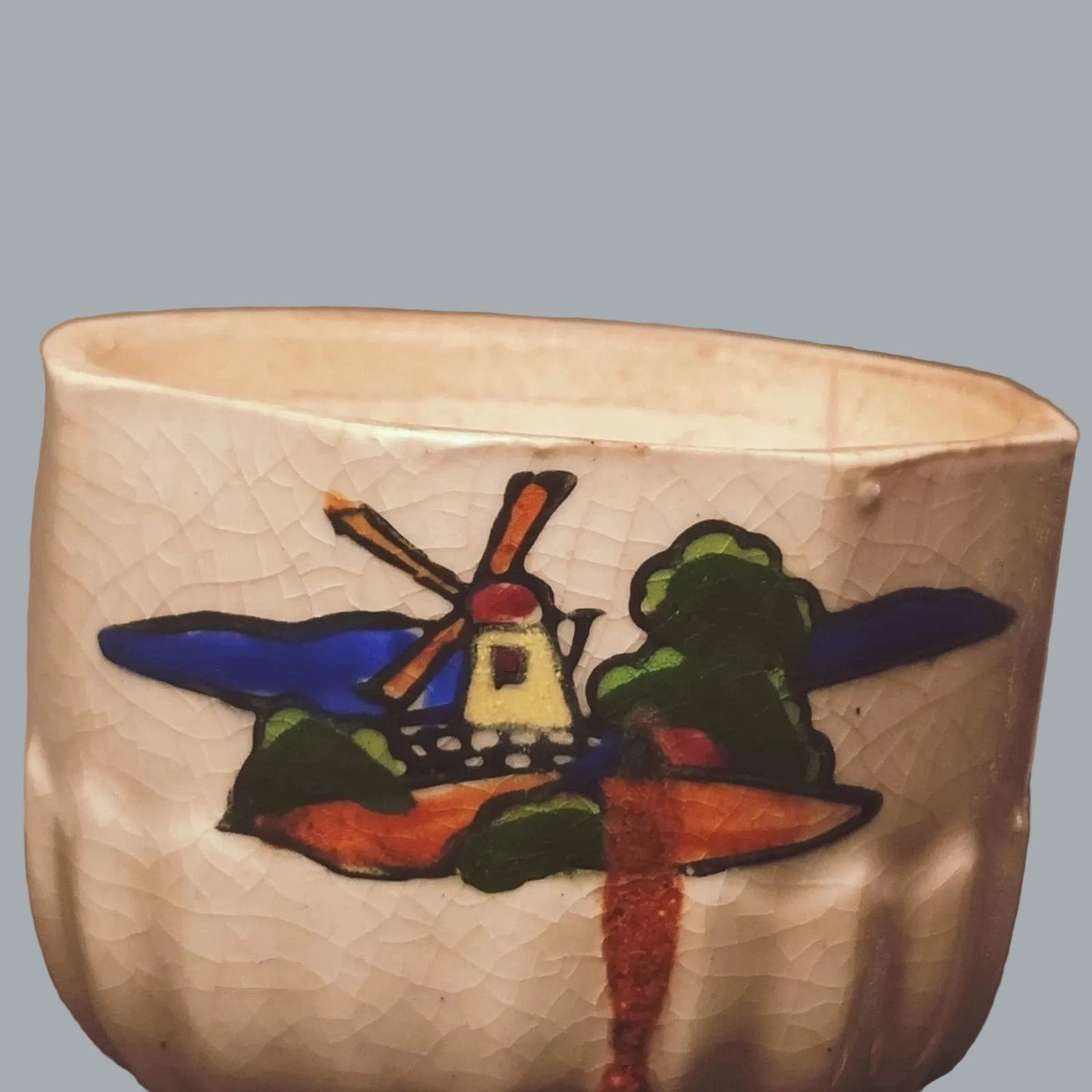 Vintage Delft Style Windmill Trinket Box w/ Lid Crackle Glaze 3”