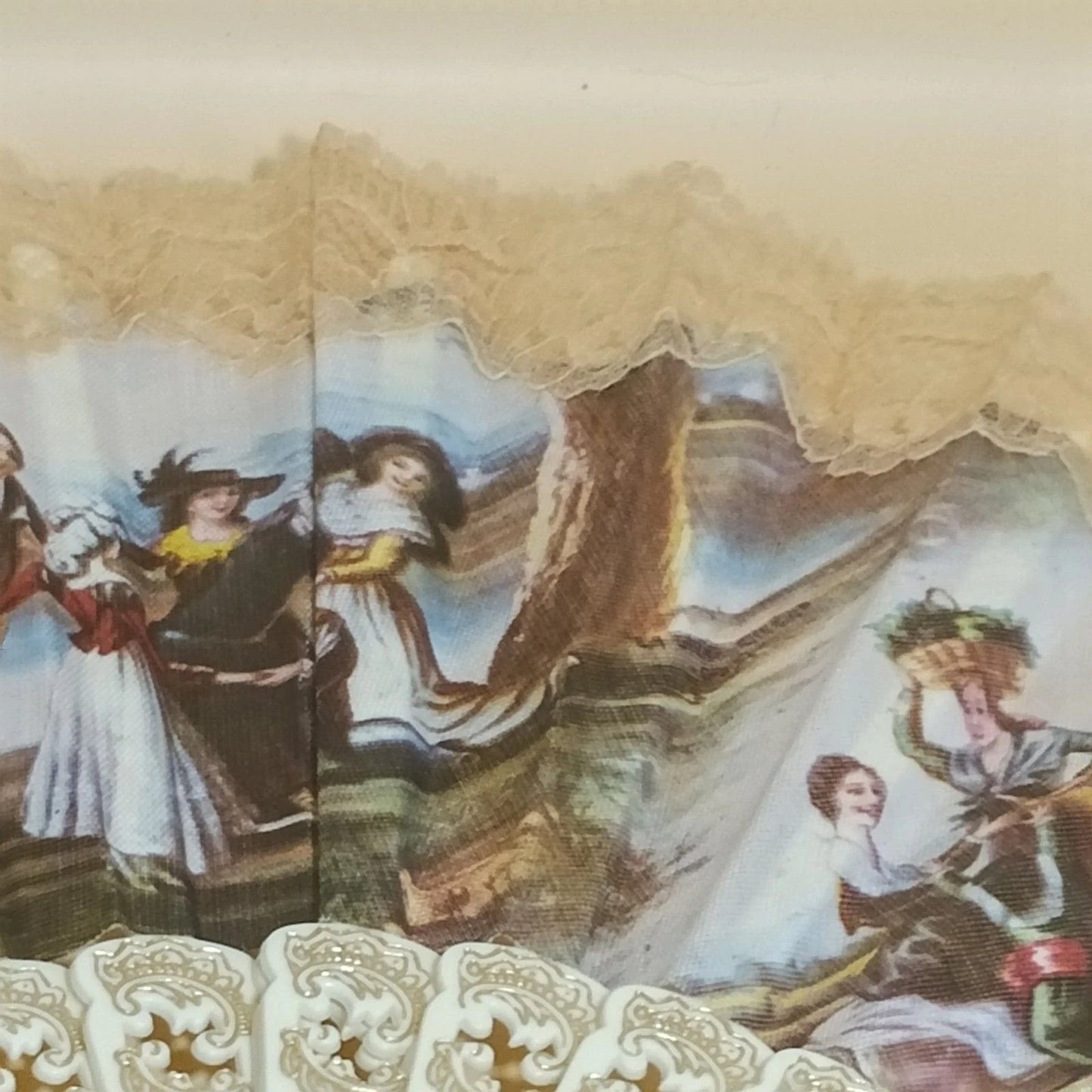 Vintage Style Lace Folding Hand Fan White & Gold Pastoral Scene 20"