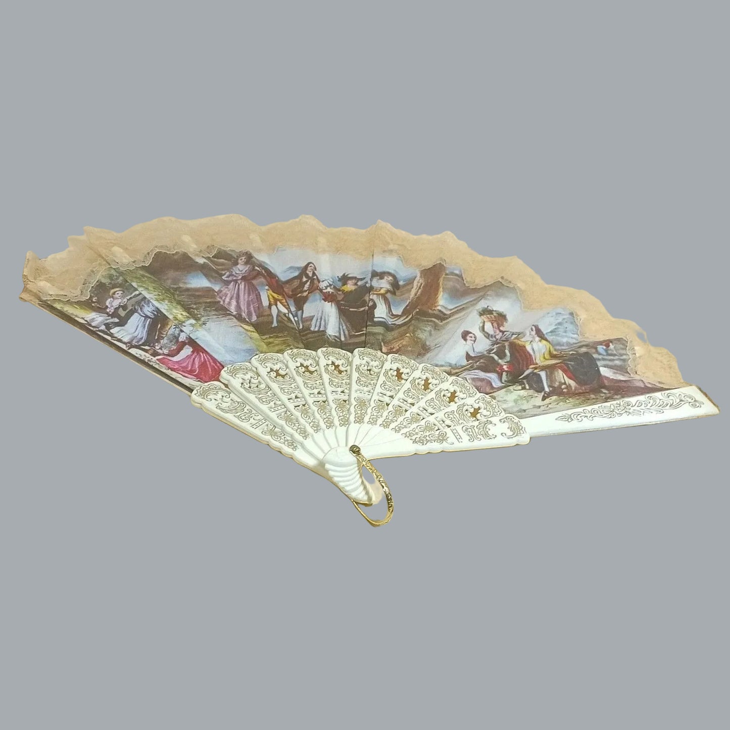 Vintage Style Lace Folding Hand Fan White & Gold Pastoral Scene 20"
