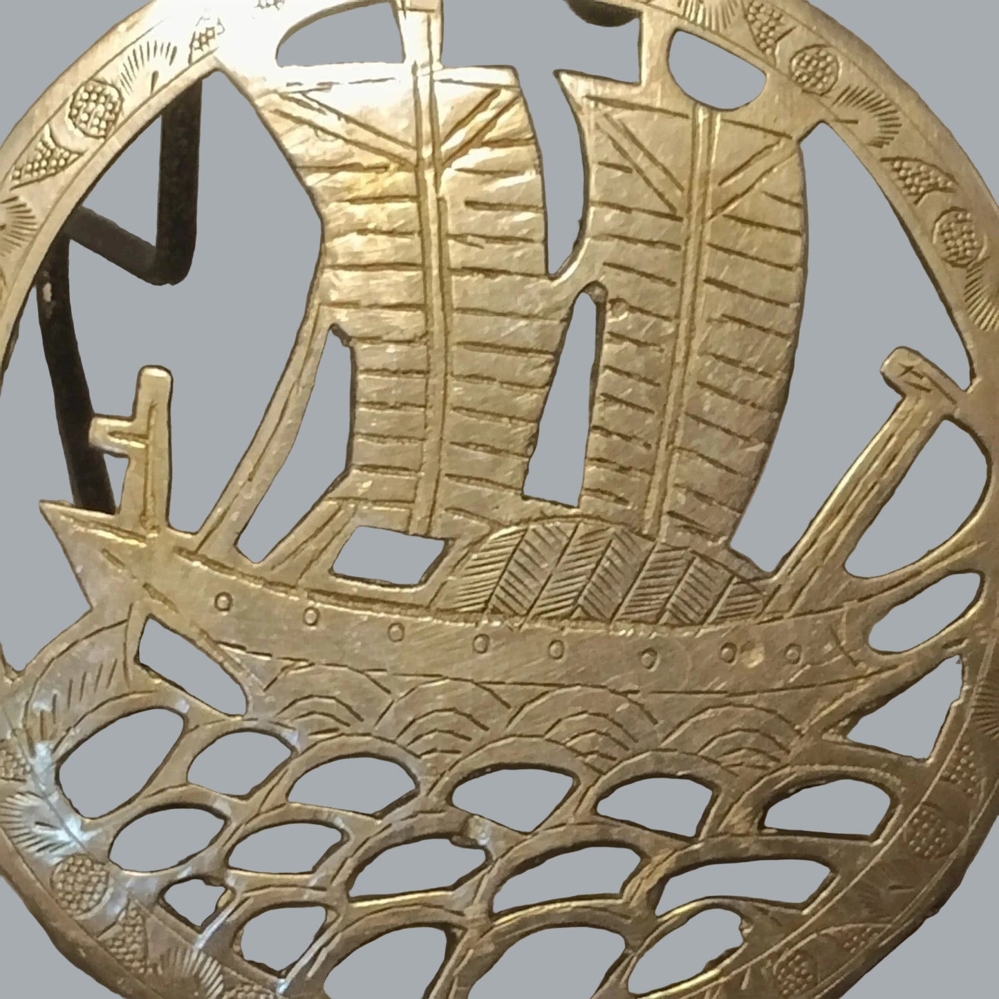 5.25" Brass Trivet Hot Plate Sailboat Cutout Decor Marked CHINA