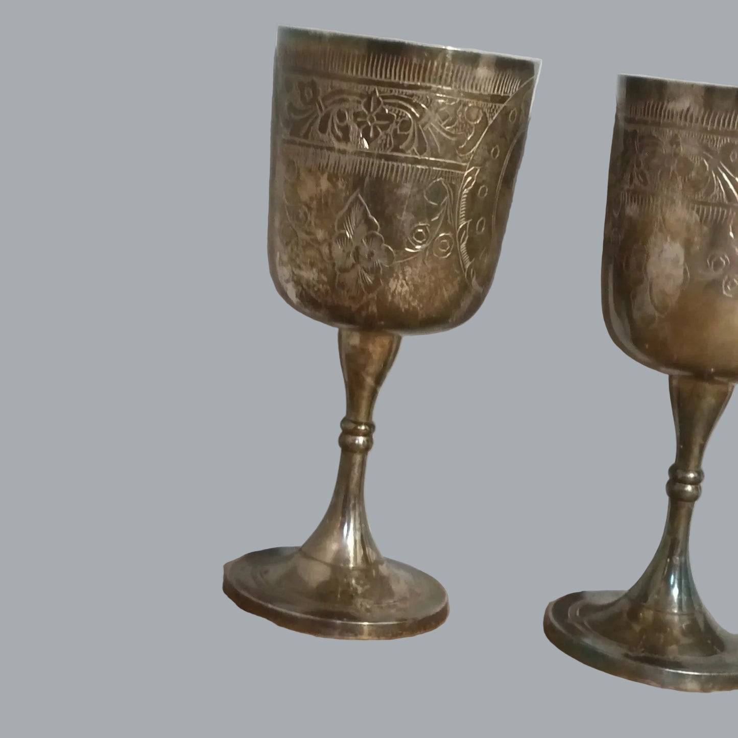 Vintage Silver Plated Engraved Goblets Set of 3 6.5" Tarnished