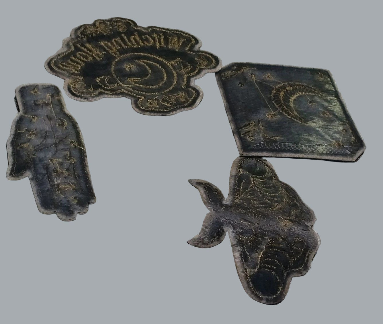 4pc Gothic Witchy Iron-On Patch Set – Witching Hour, Moth, Moon, Hand