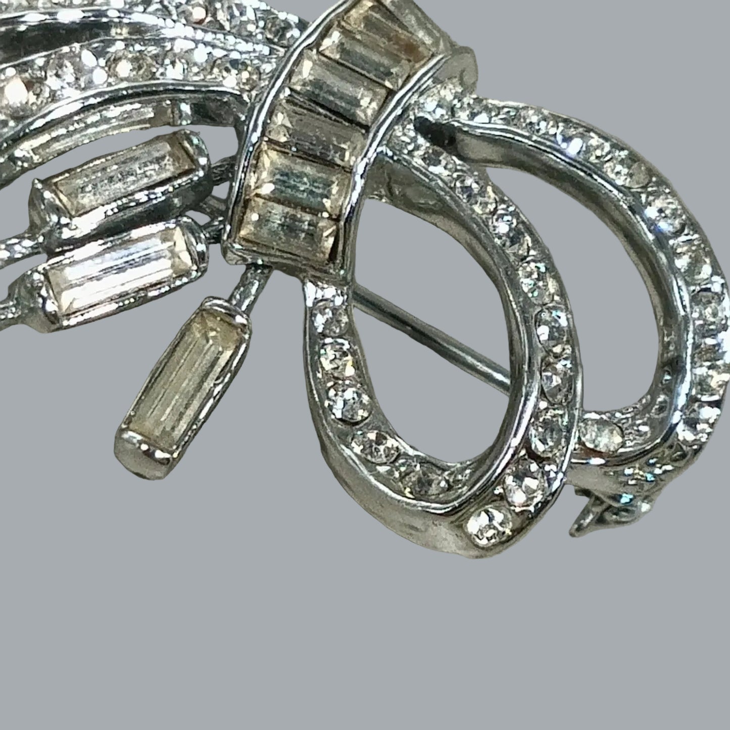 Vintage Rhinestone Bow Brooch Silver Tone Baguette & Round Stones 1.75”