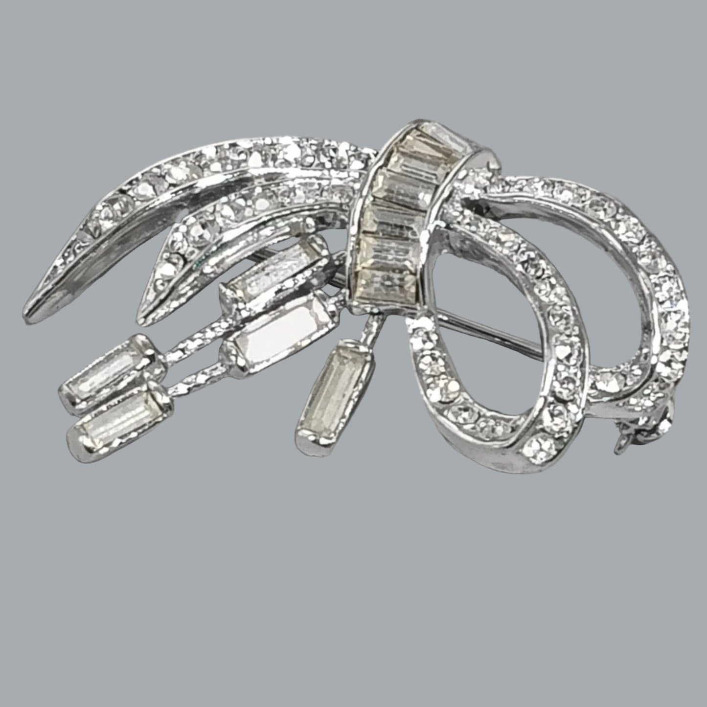 Vintage Rhinestone Bow Brooch Silver Tone Baguette & Round Stones 1.75”