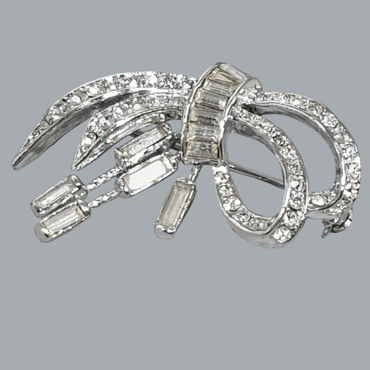 Vintage Rhinestone Bow Brooch Silver Tone Baguette & Round Stones 1.75”