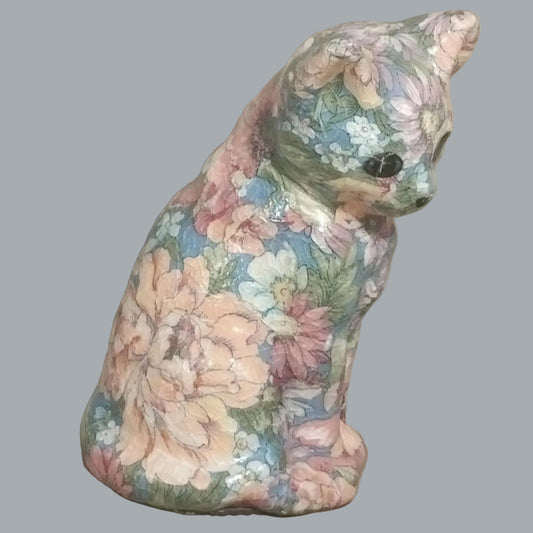 8" Floral Cat Figurine Cottagecore Decor Glossy Finish Felt Bottom