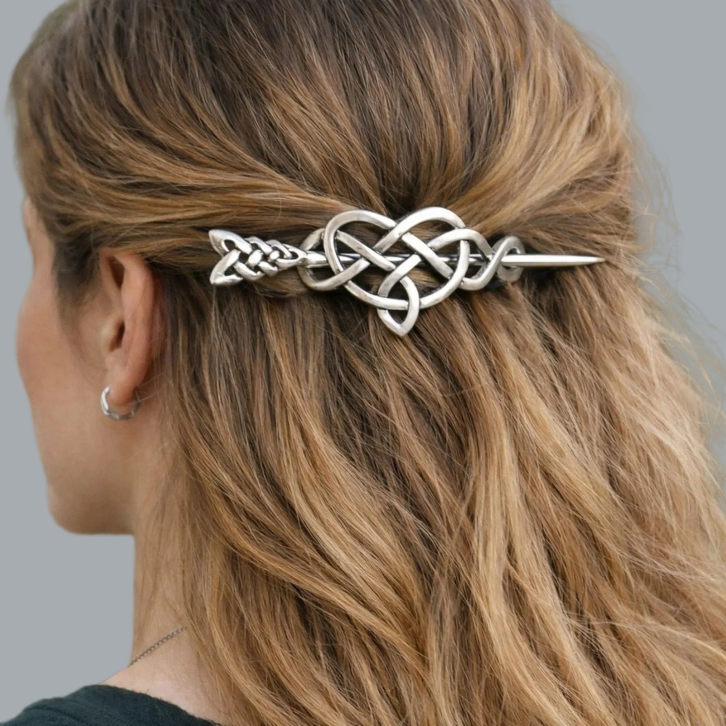 Celtic Knot Hair Barrette Silver Tone Slide Pin 4” Bun Holder Clip