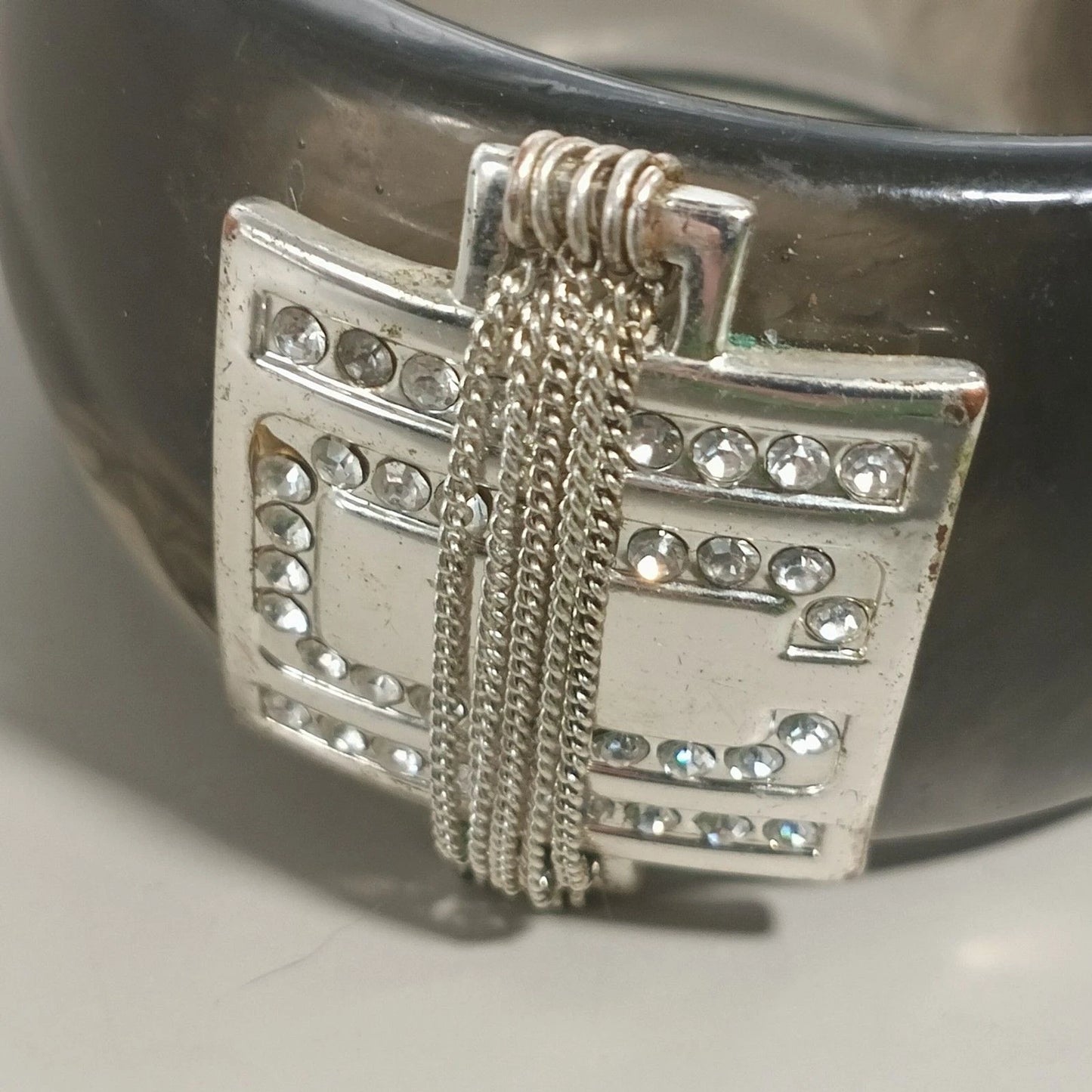 Chunky Gray Marble Lucite Bangle Bracelet Rhinestone Silver Tone Centerpiece