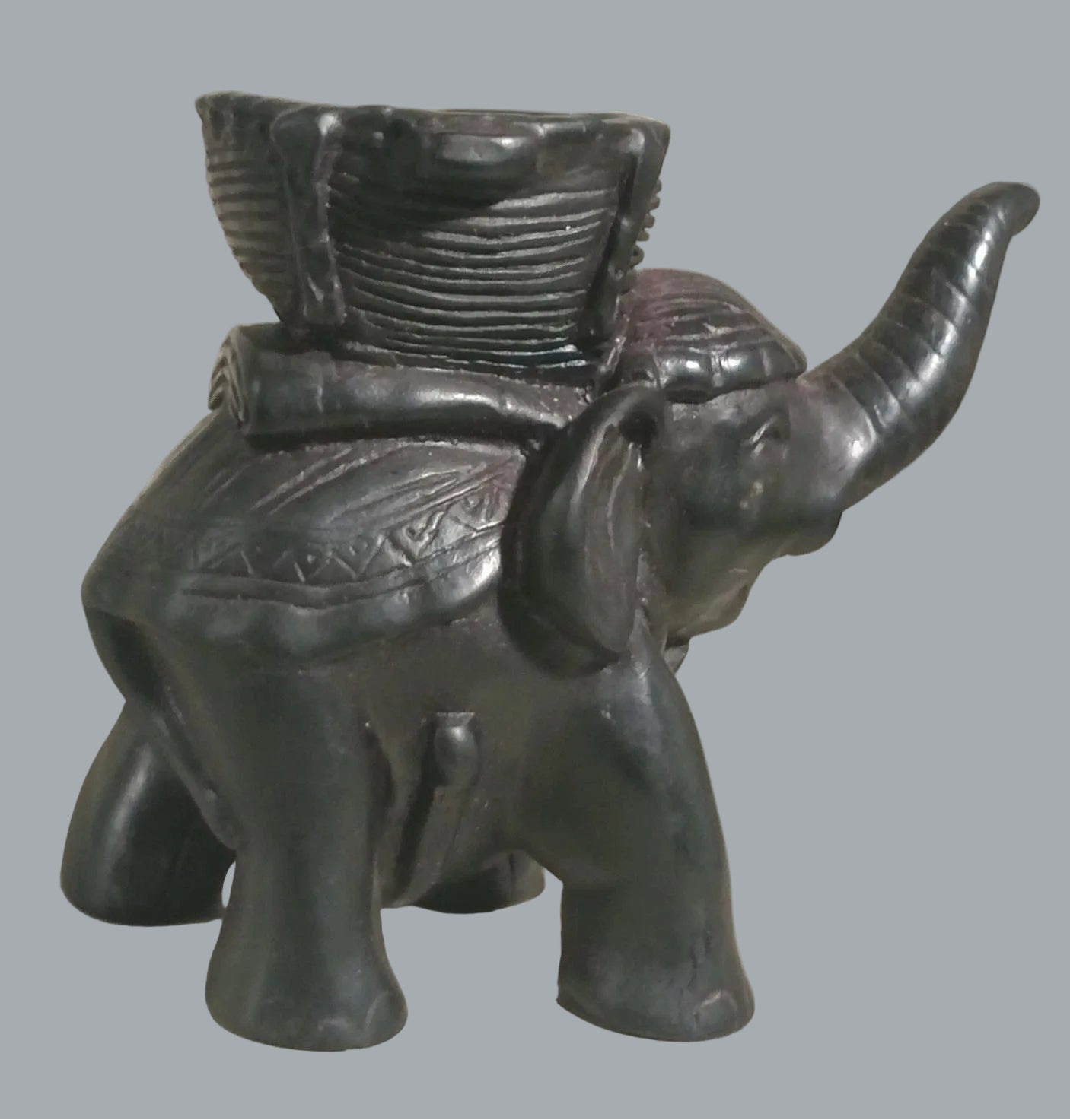 Vintage Elephant Basket Figurine Tribal Style Resin Safari Decor 5"