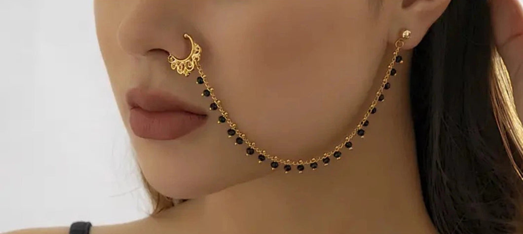 Non Piercing Nose Rings With Chain Nose To Ear Goldtone Black Stones 6