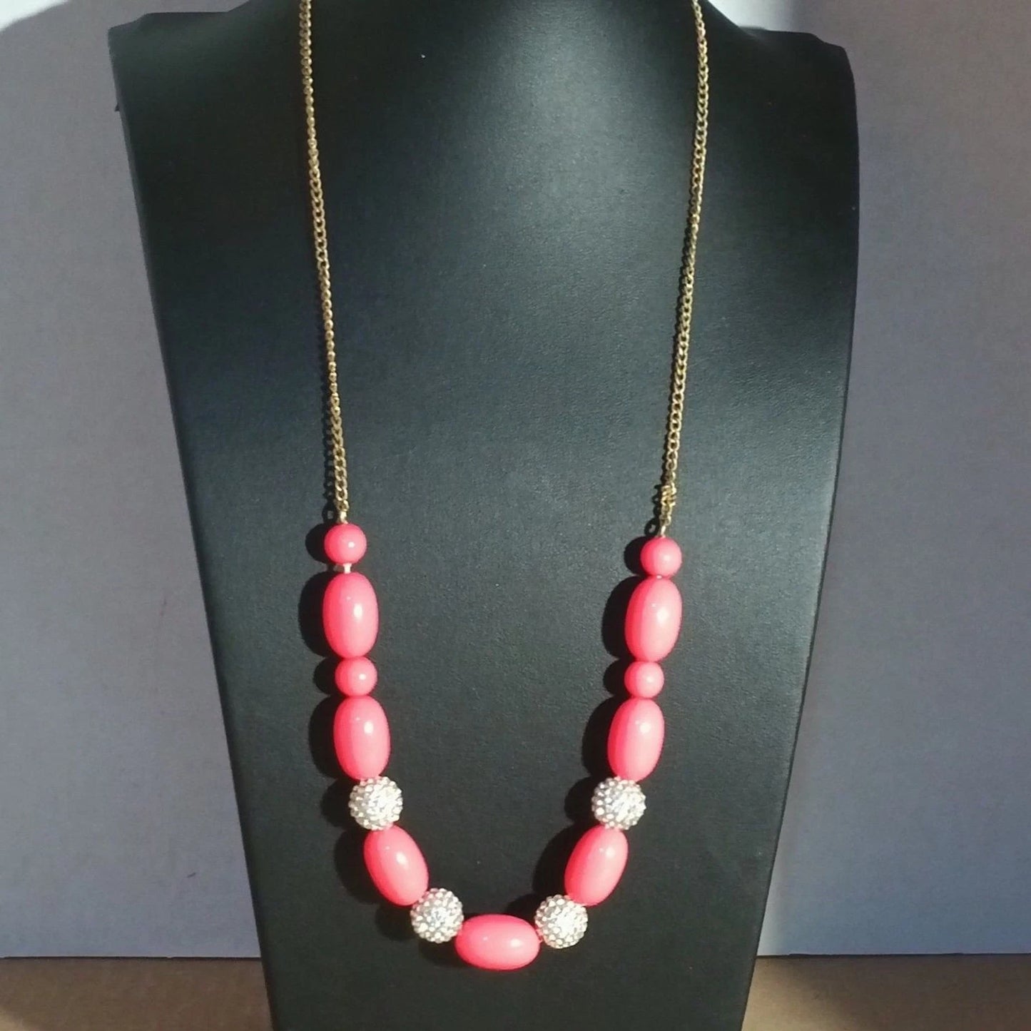 Hot Pink Bead & Rhinestone Ball Necklace 24" Gold Tone Chain Statement