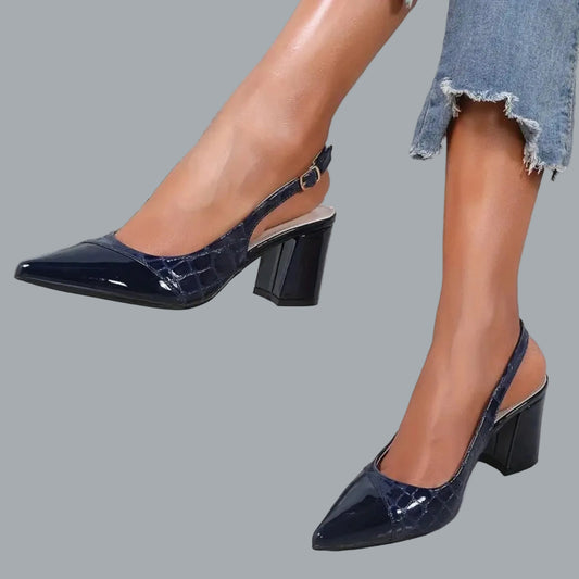 Elegant Pointed Toe Summer Sandals – Chunky Heel, Black & Gold, Size 7.5