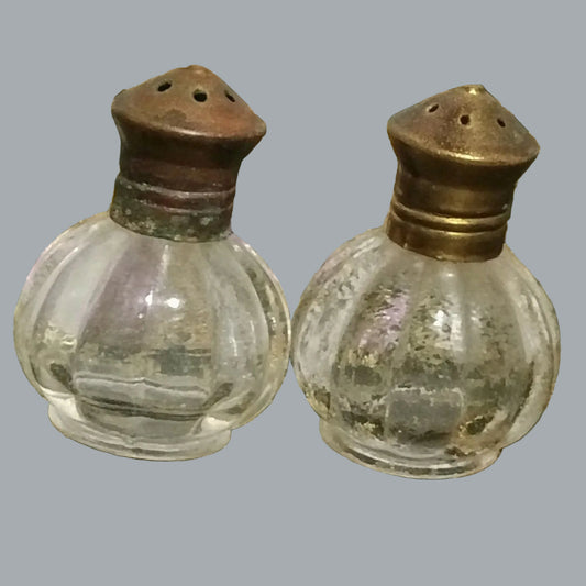 Vintage Mini Glass Salt Pepper Shakers Brass Tops Ribbed 1.5 x 1 in