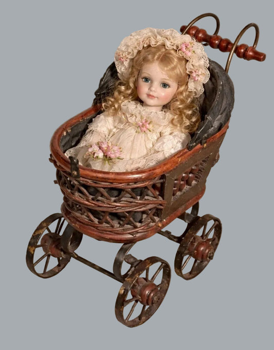 Vintage Mini Doll Baby Carriage Buggy Wood & Metal Decor 10x5x9.5