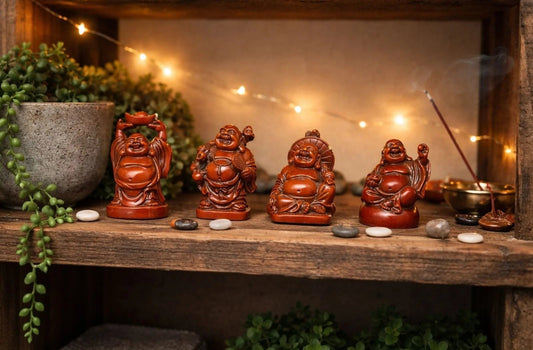 Set 4 Laughing Buddha Figurines Resin Feng Shui Budai Statues 2" Sm Chip on Hat