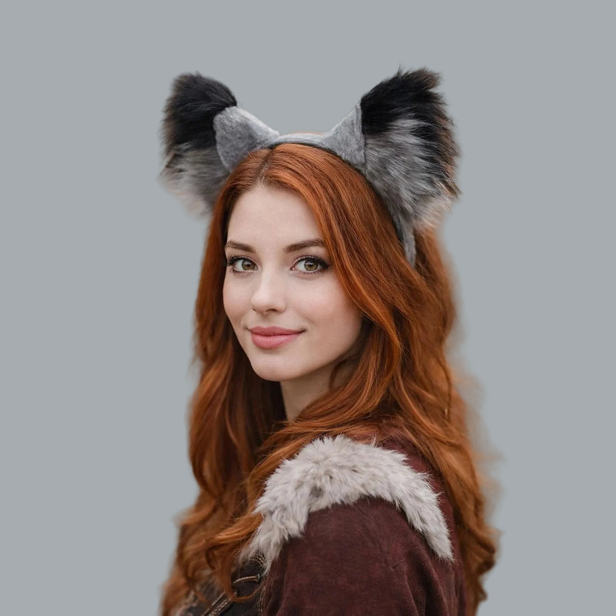 Gray Black Furry Fox Ears Headband Earmuffs Cosplay Costume 