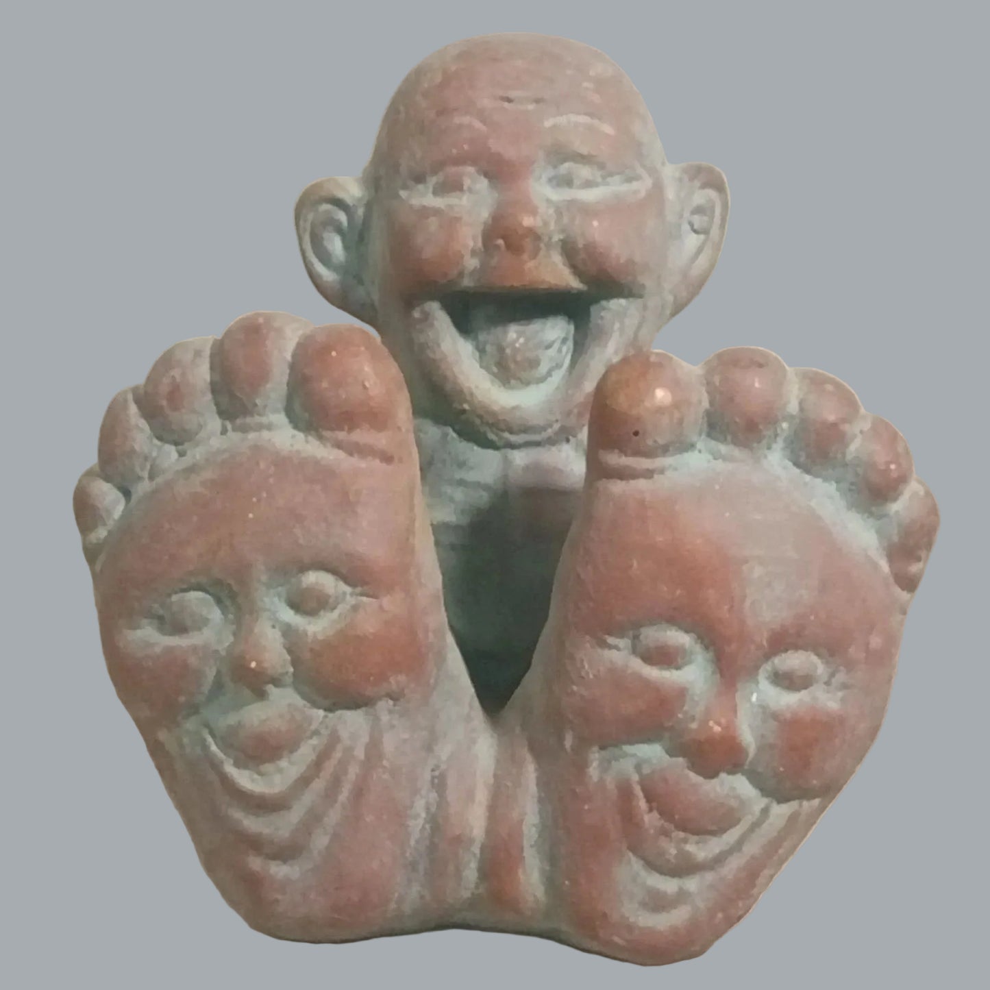 Vintage Whimsical Three-Face Feet Figurines Folk Art Patina Pair