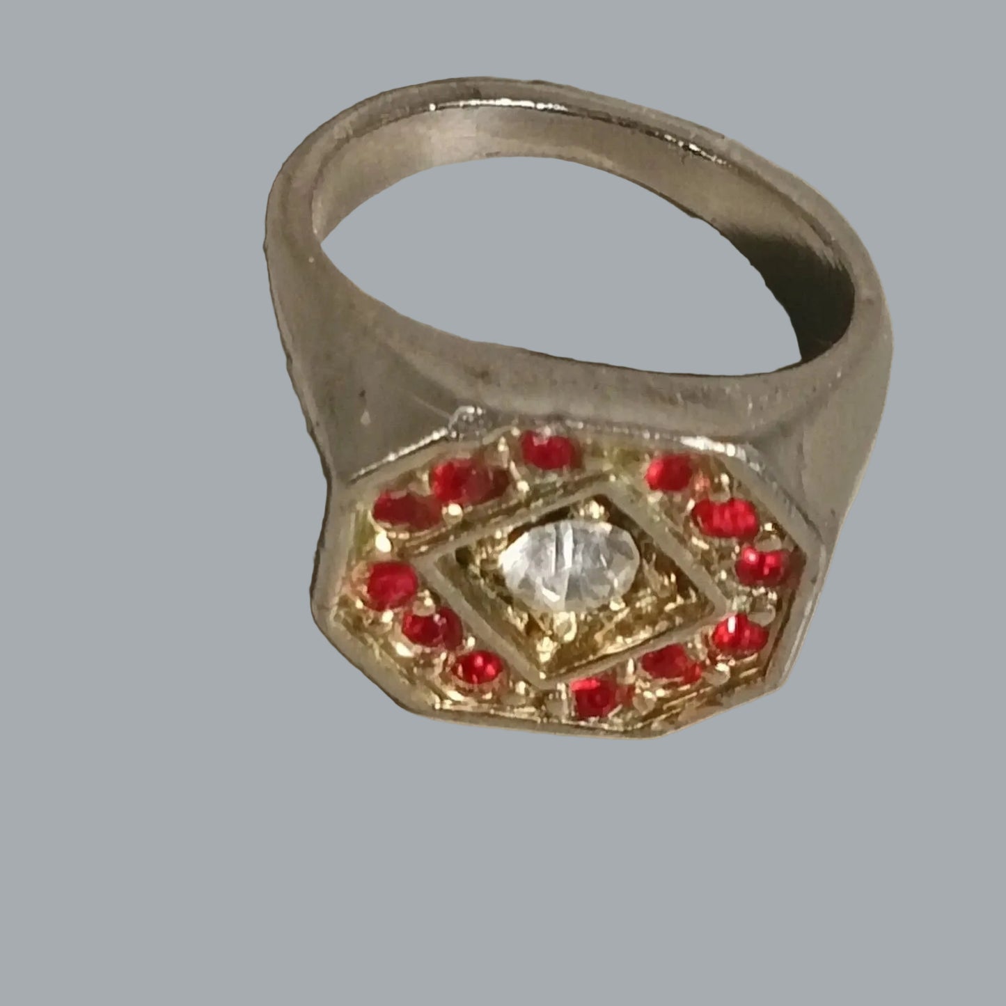 Vintage Red Rhinestone Halo Statement Ring Silver Tone Octagon Retro