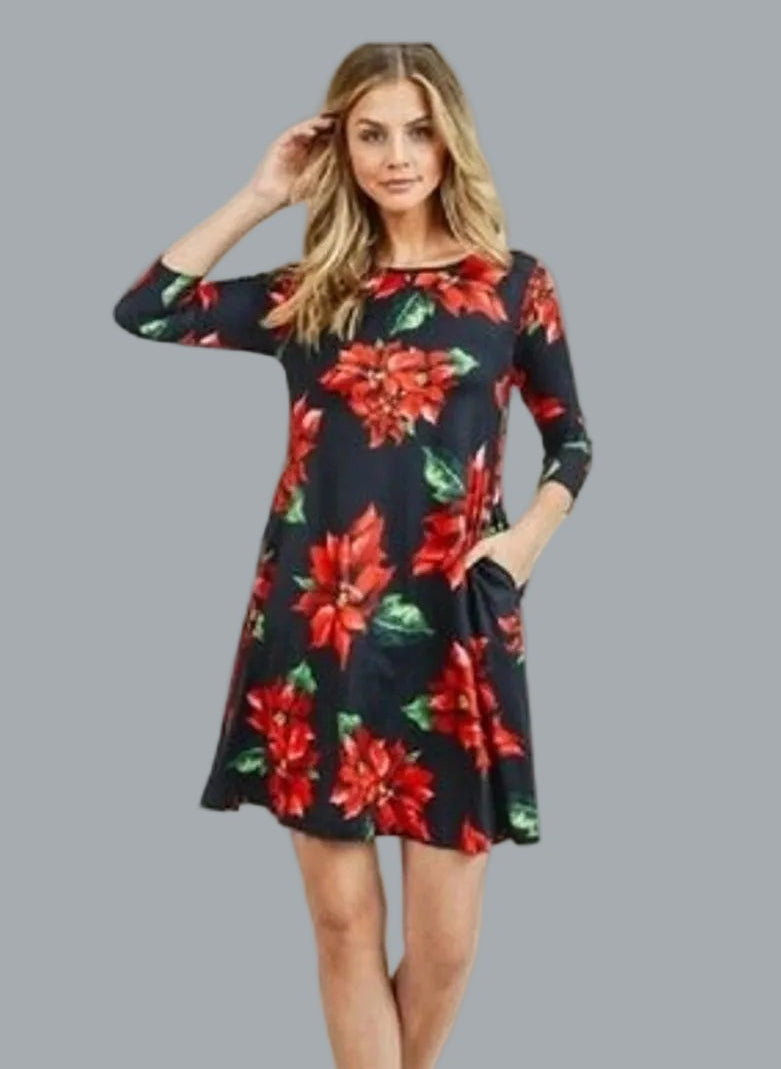 Black / Poinsettia 3/4 Sleeve Christmas Dress Medium
