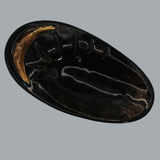 Vintage Black Gold Crescent Moon Starburst Ashtray 9" MCM Retro Decor