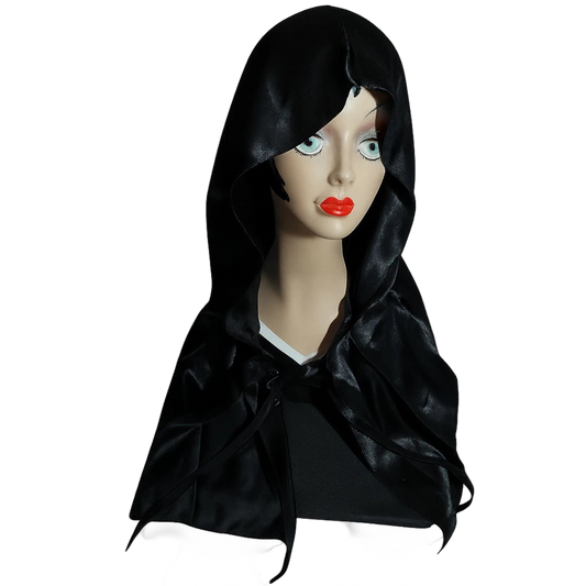 Black Satin Hooded Face Covering Shawl – Large Size Gothic Costume Cloak